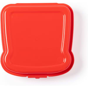 A red sandwich lunchbox with a square shape and a clasp closure, featuring a branding logo.
