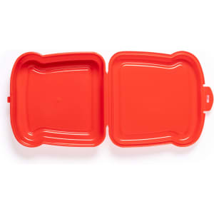 A bright red lunch box with a rounded sandwich shape, featuring two compartments and a secure closure.