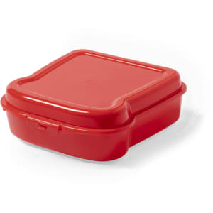 A red lunch box with a secure lid, featuring a simple square design and a durable plastic construction.