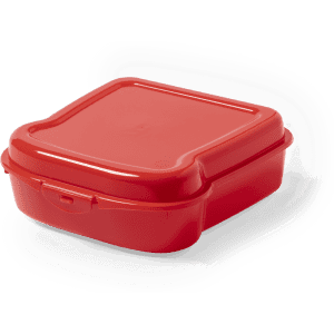 A red lunch box with a square shape and a secure lid, featuring a prominent branding logo.