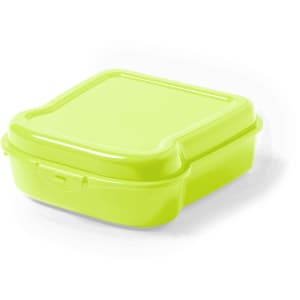 A bright green lunch box with a secure lid and a compact, square design. It features a simple, functional style.