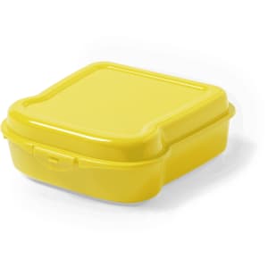 A yellow lunch box with a hinged lid and a secure closure, featuring a smooth, glossy surface.