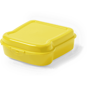 A yellow lunch box with a hinged lid, featuring a simple design and a smooth finish.