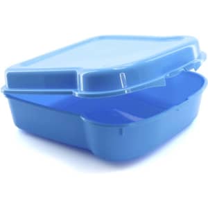 A blue lunch box with a hinged lid, featuring a simple design and a smooth finish. It has a branding logo on it.