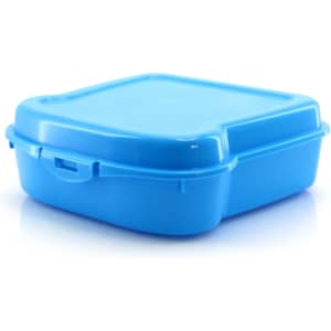 A blue sandwich lunch box with a square shape and a secure lid, featuring a branding logo.