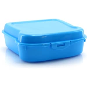 A square blue lunch box with a secure lid, featuring a simple design and a subtle logo.