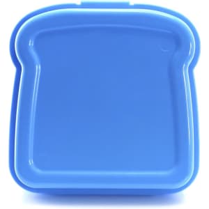 A blue sandwich lunch box shaped like a slice of bread, featuring a smooth surface and a simple clasp closure.