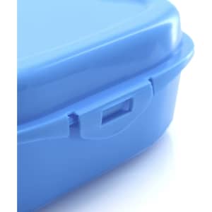 A blue lunch box with a secure latch and a smooth surface, featuring a small branding logo.