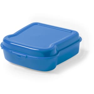 A blue sandwich lunch box with a square shape and a secure lid, featuring a logo on the exterior.