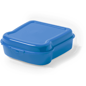 A blue lunch box with a paired lid, featuring a compact, square shape and a simple design.