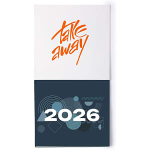A magnet calendar featuring a white top section with orange text and a navy blue bottom section with abstract designs and the year 2026.