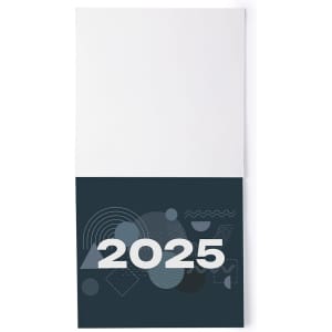 A magnet calendar featuring a dark teal design with geometric shapes and bold white text for the year 2025.