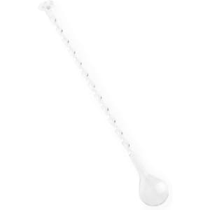 A twisted white drink stirrer with a rounded end, featuring a simple design and a logo.