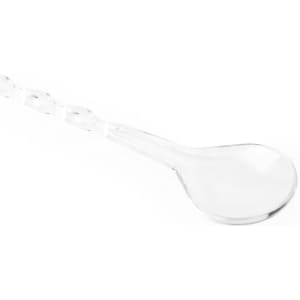A clear drink stirrer with a smooth spoon end and a textured handle, designed for mixing beverages.