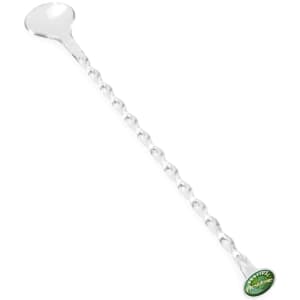 A silver drink stirrer with a twisted handle and a rounded spoon end, featuring a small logo on the side.