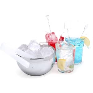 A stainless steel bowl filled with ice, alongside two colourful drinks with stirrers and lemon slices.