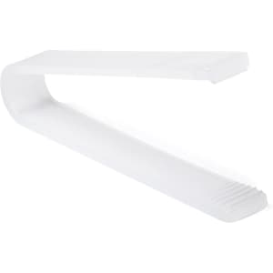 A white, minimalist set of tongs with a curved design and textured grip. It includes a branding logo.