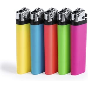 Five lighters in various bright colours: yellow, blue, red, green, and pink, with a metallic top and branding.