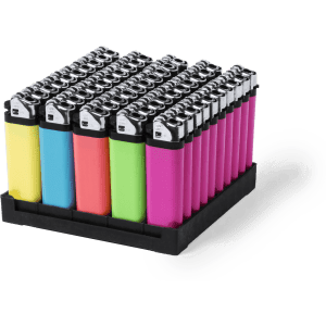 A collection of lighters in blue, pink, green, and purple, arranged in a black display tray.