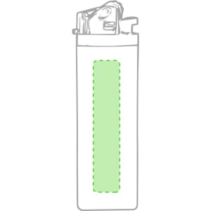 A transparent lighter with a green accent, featuring a functional igniter and a branding logo.