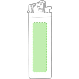 A green lighter with a transparent section and a metal ignition mechanism, featuring a logo.
