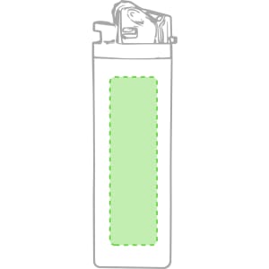 A lighter featuring a clear body with a bright green section and an attached flint igniter. It has a logo.