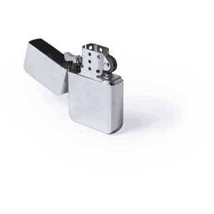 A metallic silver lighter with a flip-top lid and a shiny surface, featuring a simple design and a small branding logo.