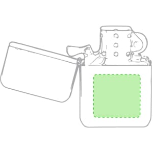 A lighter with a silver metallic finish and a green rectangular area for branding. It has a hinged lid.
