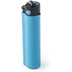 A blue Stromber lighter with a black top and a logo.