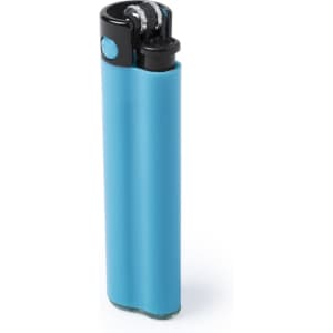 A blue lighter with a black top and ignition mechanism, designed for lighting purposes.