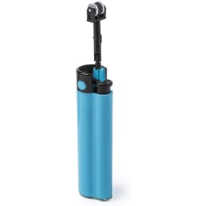 A blue Stromber lighter features a retractable design and a black top portion with a logo.