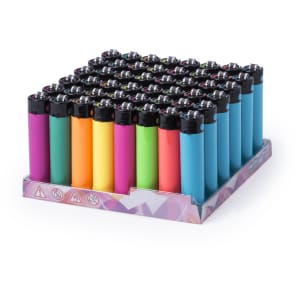 A display of colourful lighters in various shades, arranged in a grid with a tray base featuring a logo.