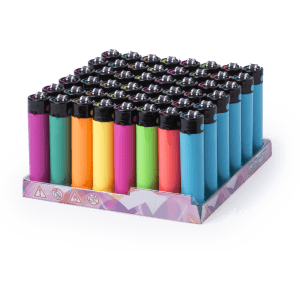 A display of multiple lightweight lighters in various bright colours, arranged neatly in a tray.