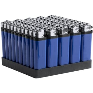 A display of multiple blue lighters with silver tops arranged neatly in a black tray.
