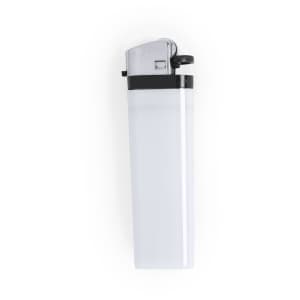 A white lighter with a silver top and a black detailing, featuring a logo.