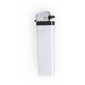 A white lighter with a silver top and a branding logo on the body.
