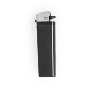 A black lighter with a silver top and a small flip cap, featuring a simple design and a logo.