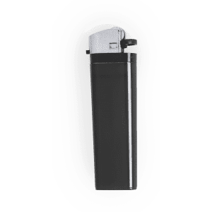 A black lighter with a silver top and a glossy finish, featuring a logo on its side.