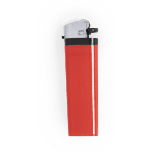 A red lighter with a silver top and a logo on the side.