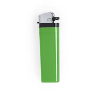 A green lighter with a metallic top and a black accent, featuring a small branding logo.