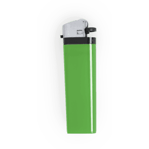 A green lighter with a silver top and a branding logo.