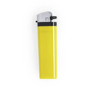 A yellow lighter with a silver top and black accents, featuring a simple design and ignition mechanism.