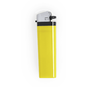 A yellow lighter with a silver top and a black section, featuring a branding logo.
