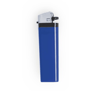 A blue lighter with a chrome top and a black accent, featuring a logo.