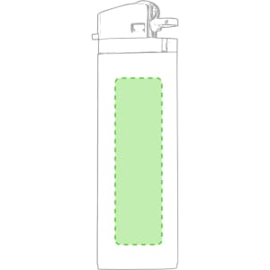 A green lighter with a white body and a visible flame mechanism, featuring a space for branding.