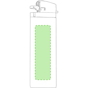 A white lighter with a green accent area and a top safety mechanism, featuring a logo.