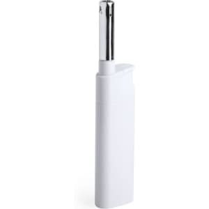 A white kitchen lighter with a shiny silver nozzle and a sleek design. It features a branding logo.