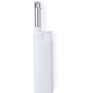 A white kitchen lighter with a silver nozzle, featuring a built-in trigger mechanism. It has a simple, compact design.