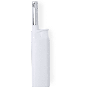 A white kitchen lighter with a metallic nozzle, featuring a sleek design and a built-in safety mechanism.