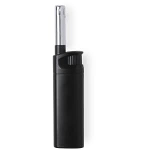 A black kitchen lighter with a silver nozzle and a built-in trigger mechanism. It features a logo on its side.